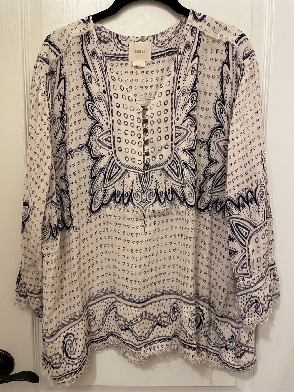 Maeve by Anthropologie "Morgan" Heart Print Fringe Peasant Blouse